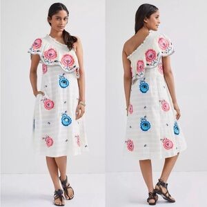 Anthropologie Plenty Tracy Reese Embroidered One Shoulder Tiered Midi Dress Sz L
